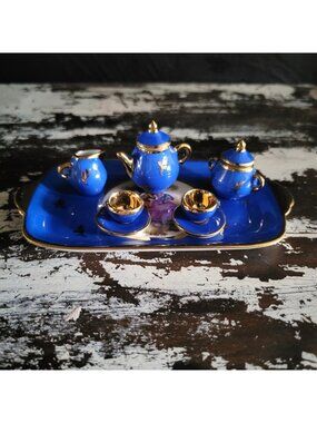 Vintage Limoges Miniature Dollhouse Tea Set Blue and Gold 8-Piece Tray Service